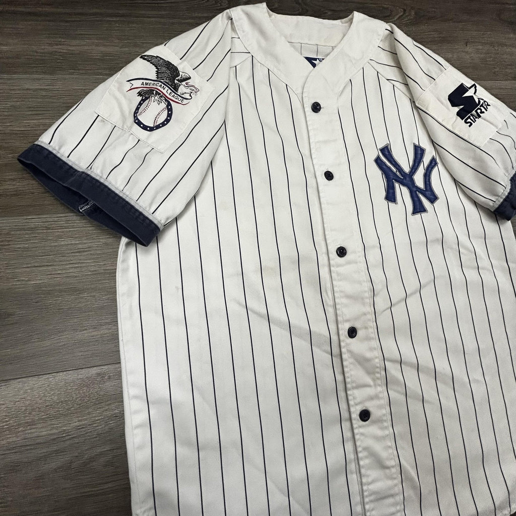 Vintage New York Yankees Jersey Mens Large White Pinstripe Baseball Starter 90s
