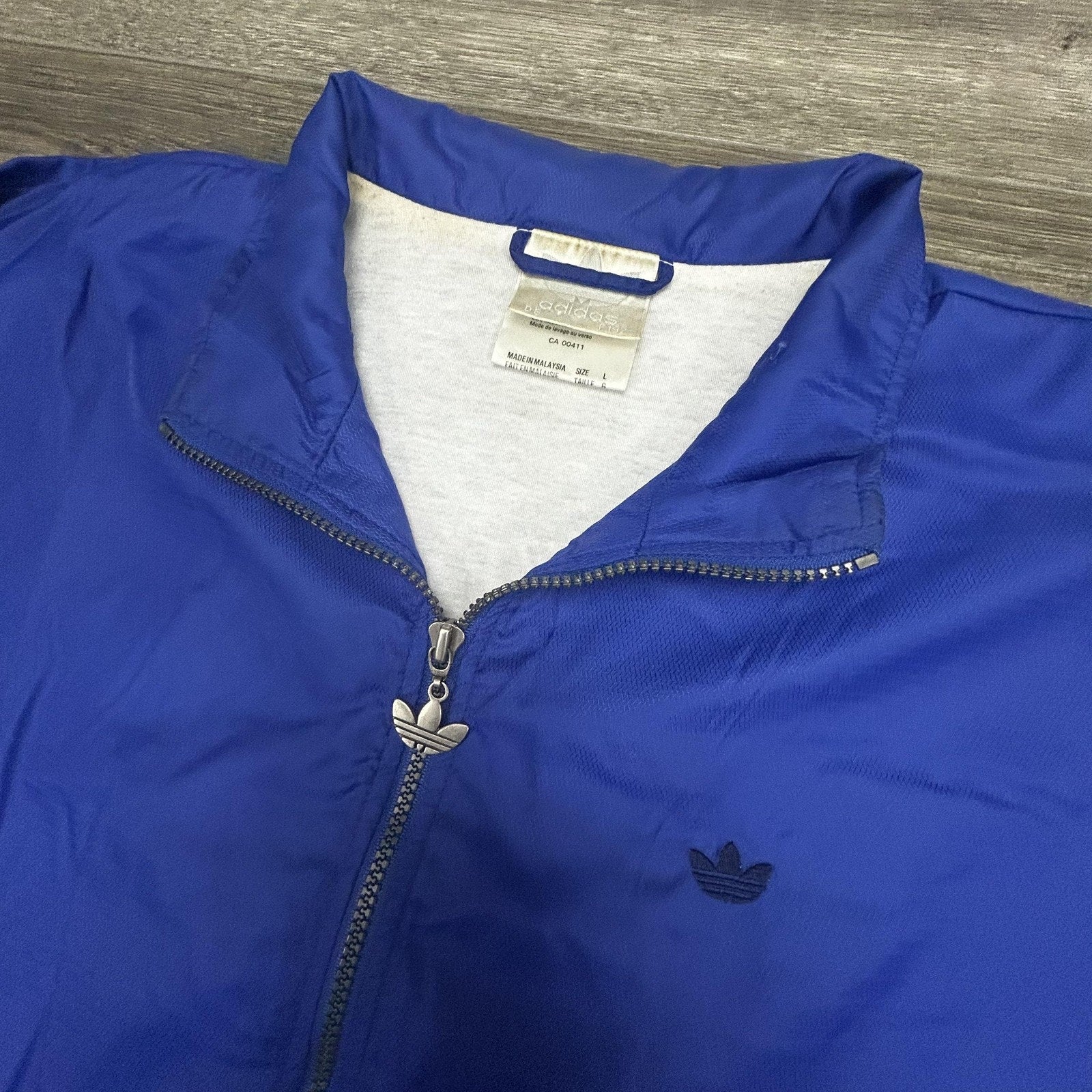 Vintage 80s Adidas Jacket Mens Large Blue Track 3 Stripes Trefoil Windbreaker