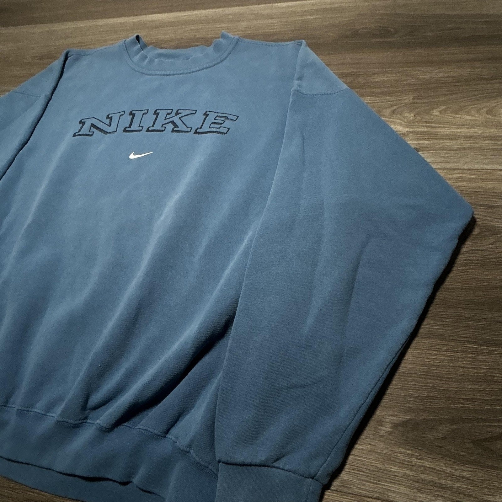 Vintage Nike Sweatshirt Mens 2XL Light Blue Spellout Center Swoosh 90s Made USA