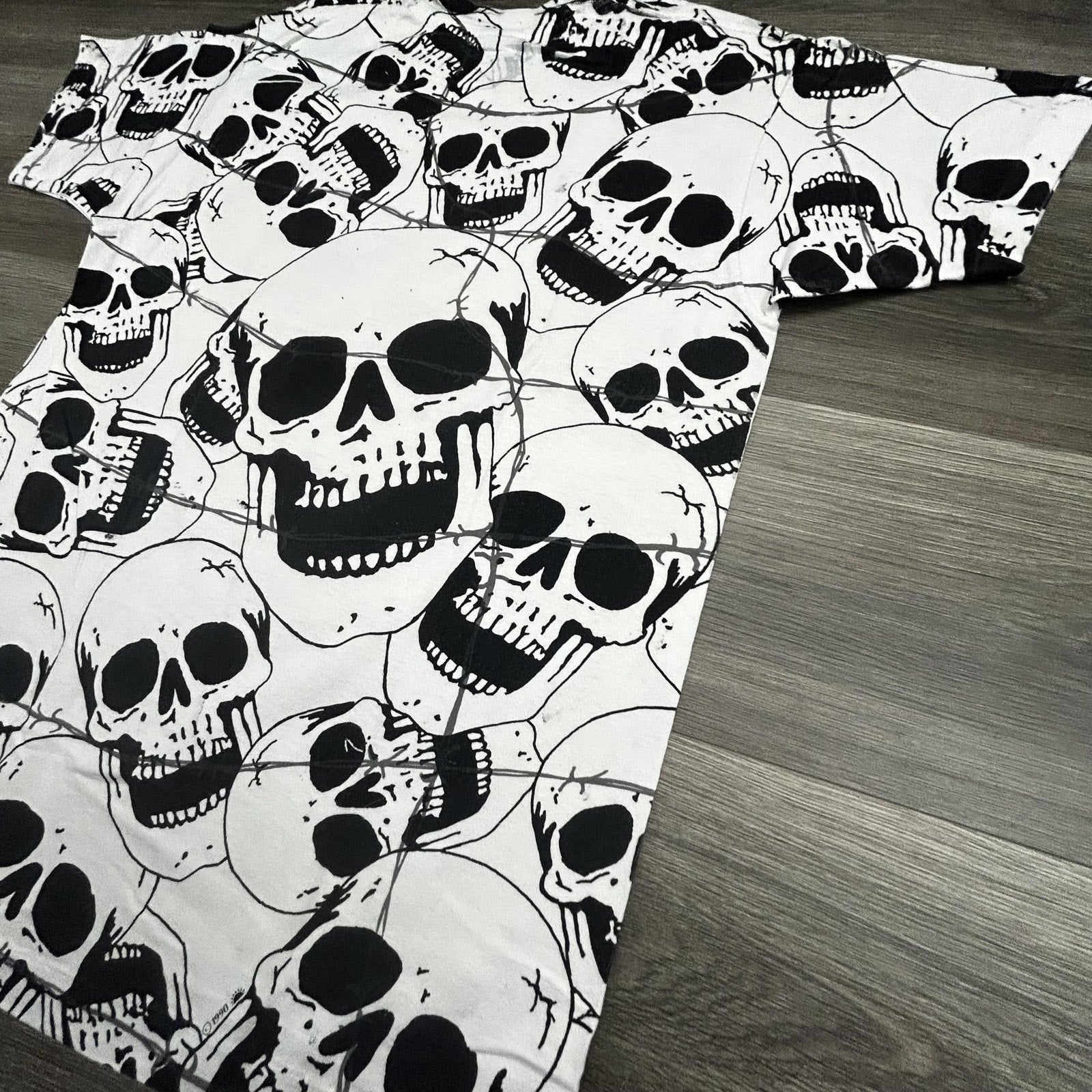 Vintage Skull AOP Shirt Mens Large White Solar-T Biker Punk Single Stitch 90s