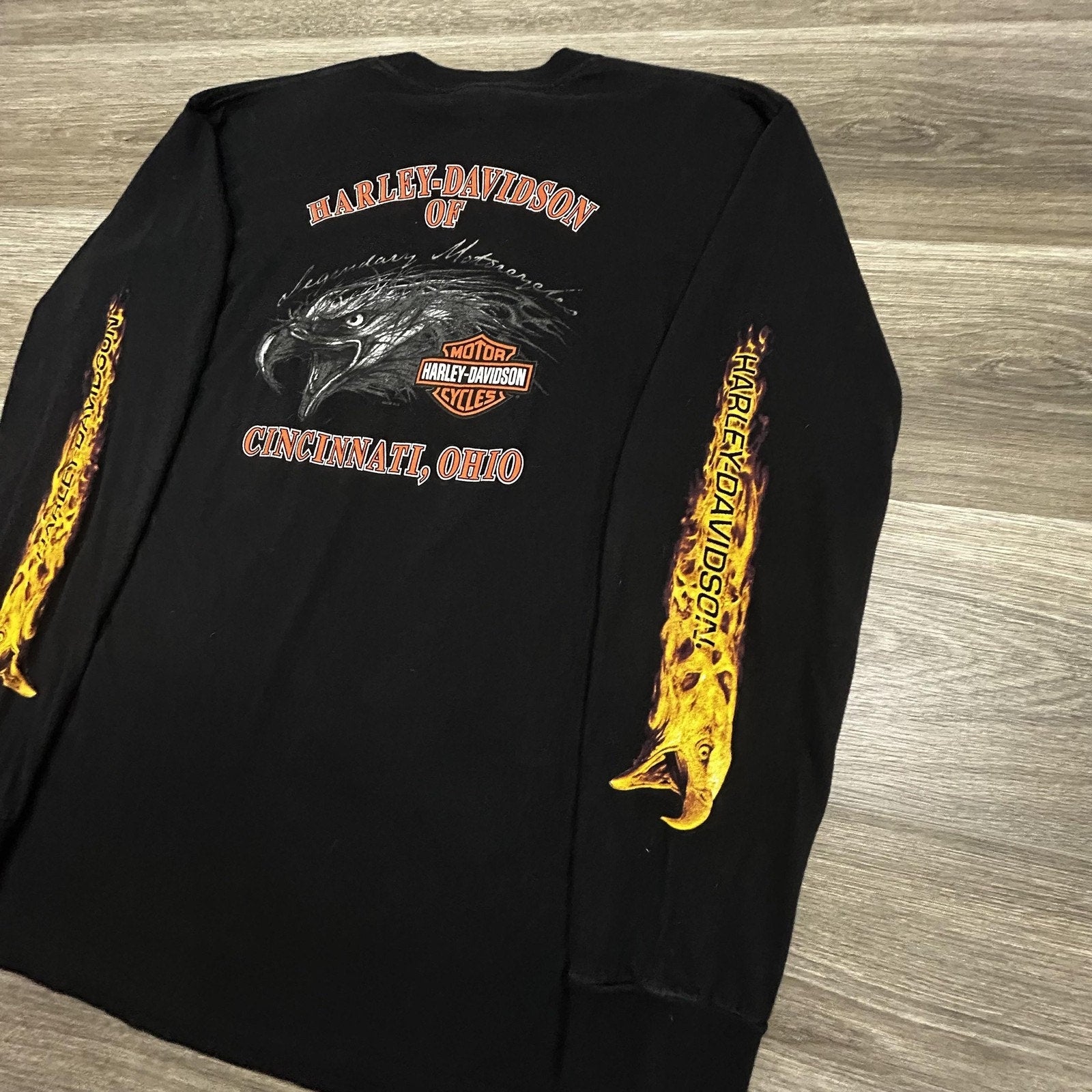 Vintage Harley Davidson Shirt Mens Large Black Long Sleeve Hit Eagle Flames USA
