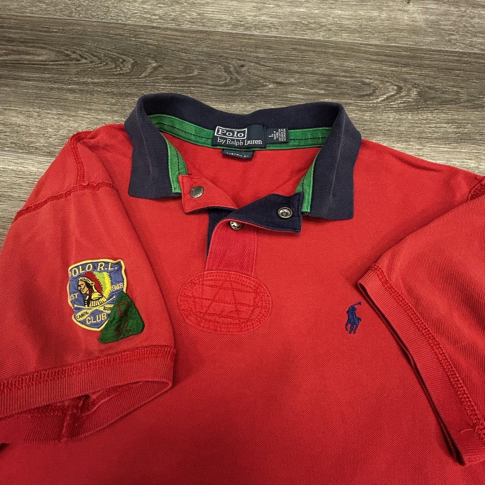 Vintage Polo Ralph Lauren Rugby Polo Shirt Mens Large Red Patch Native Kayak 90s