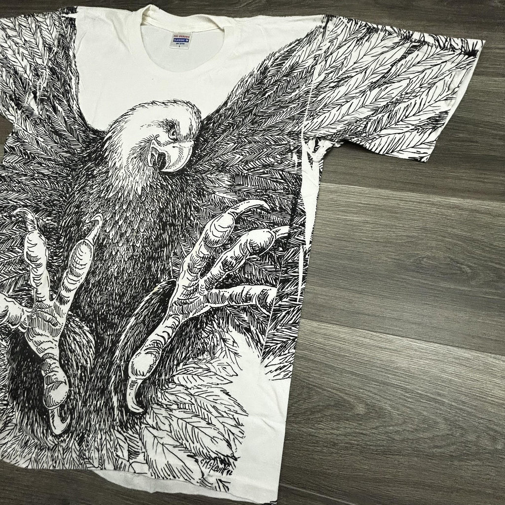 Vintage 90s Bald Eagle Shirt Mens Large White AOP Single Stitch Made USA 1992