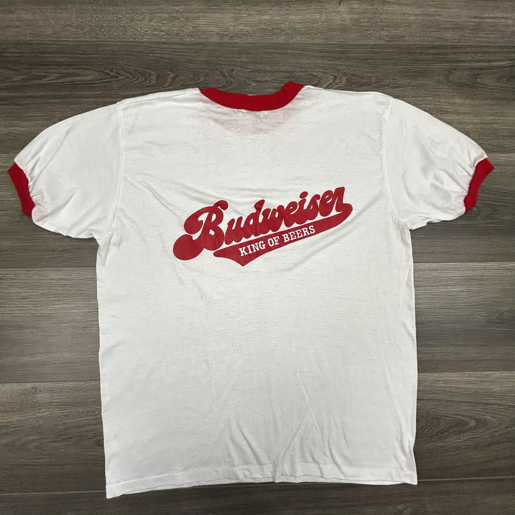 Vintage 80s Budweiser Ringer Shirt Mens Large White Red King Of Beers Logo USA