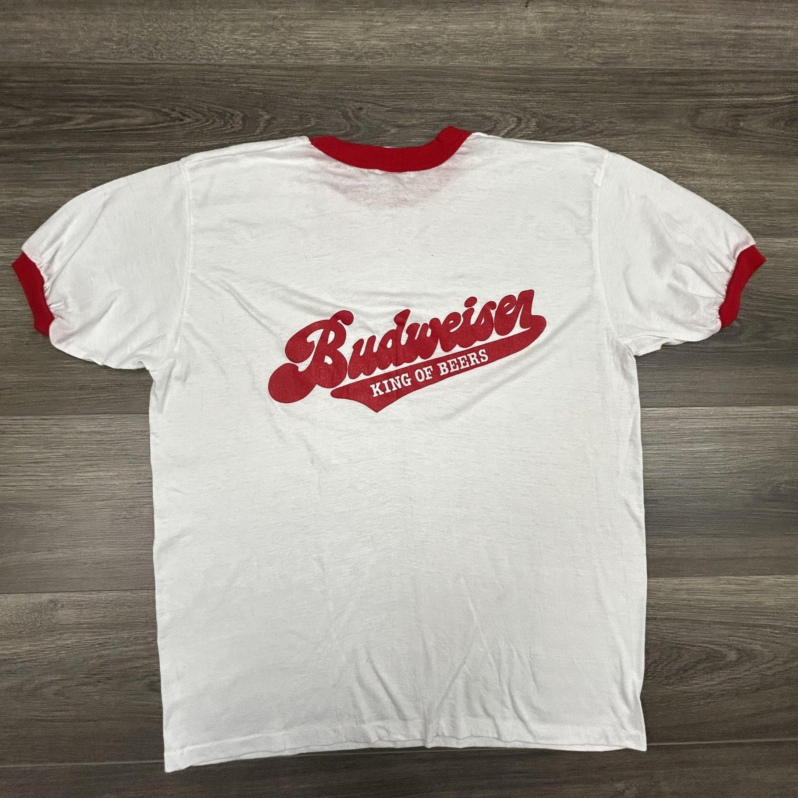 Vintage 80s Budweiser Ringer Shirt Mens Large White Red King Of Beers Logo USA