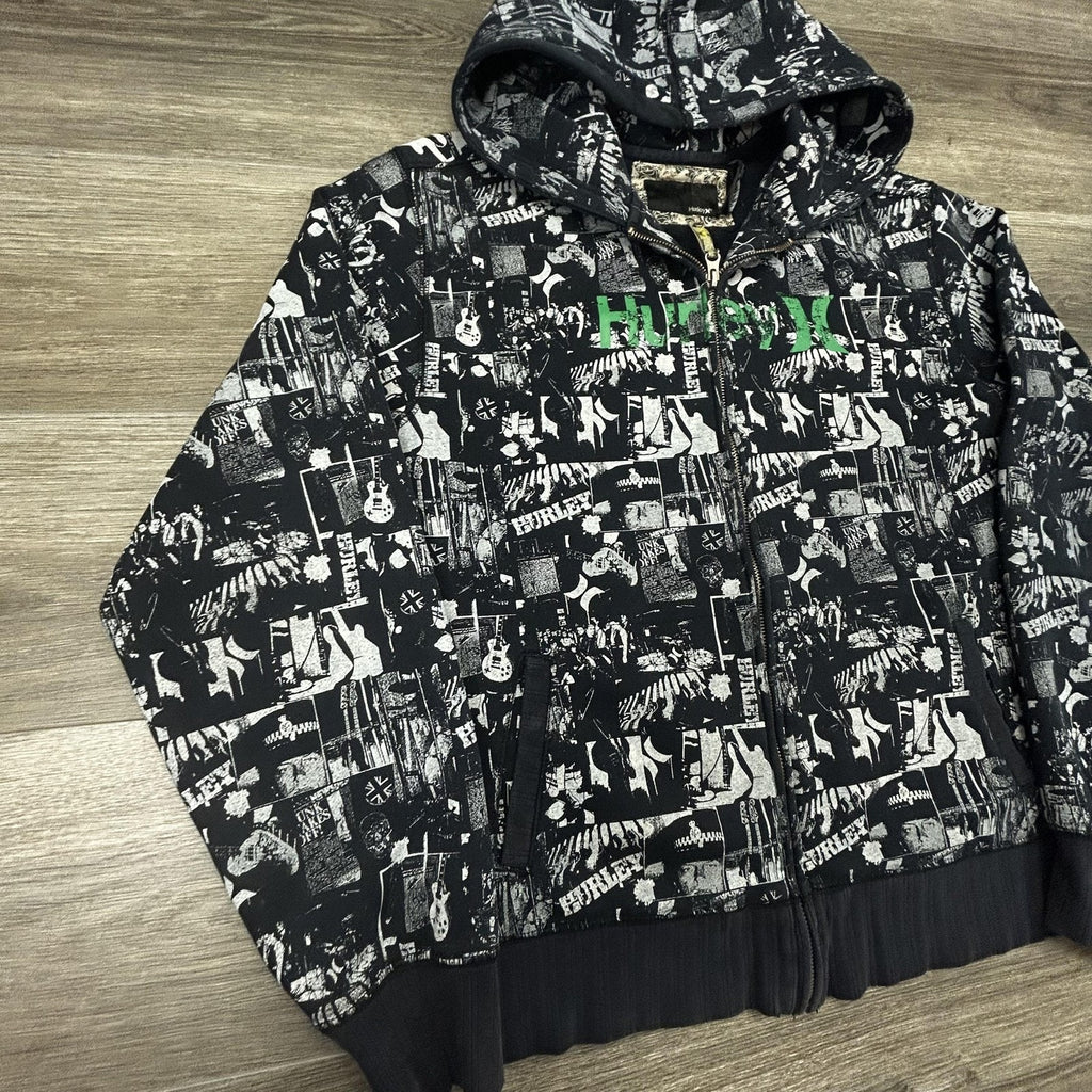 Vintage Hurley Hoodie Mens Large Black AOP Full Zip Music Rock Skate Surf Y2K