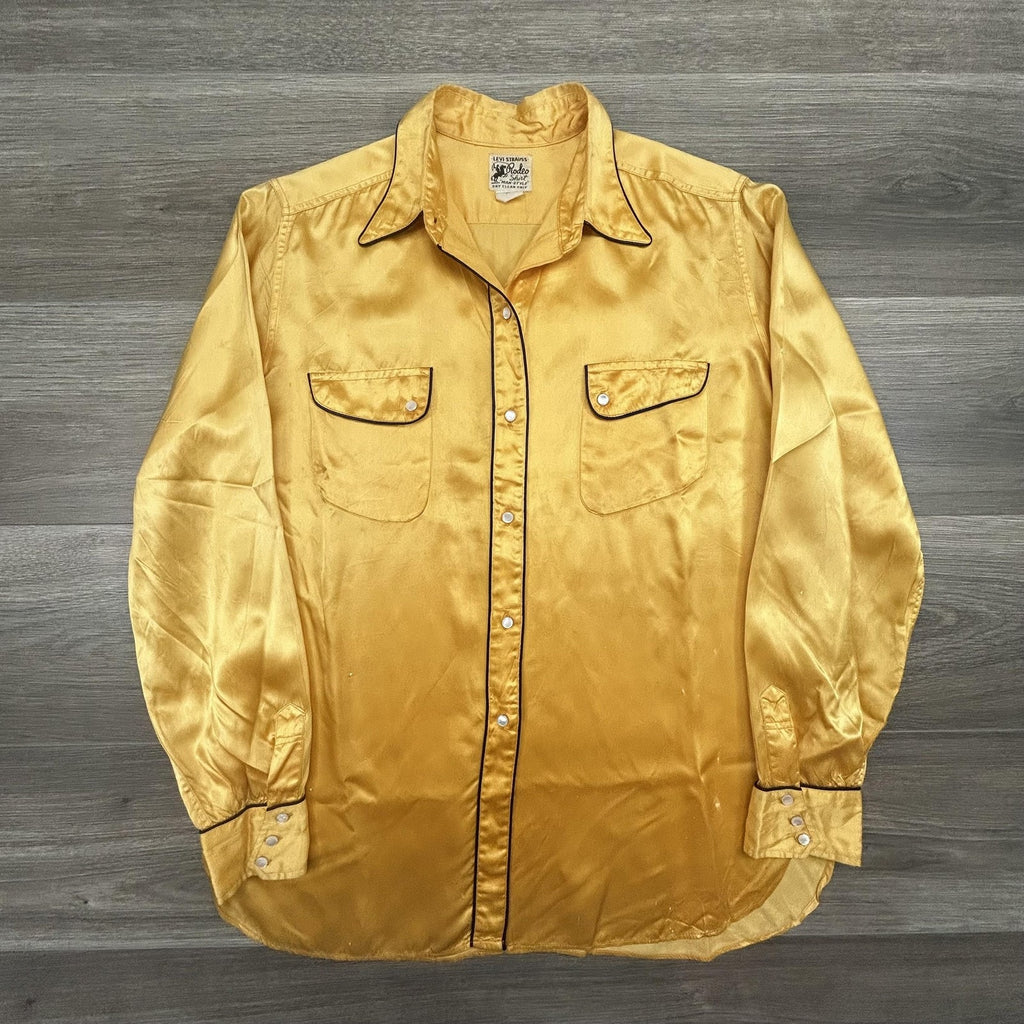 True Vintage 40s Levi Strauss Rodeo Shirt Mens Small Gold Big E Satin Pearl USA