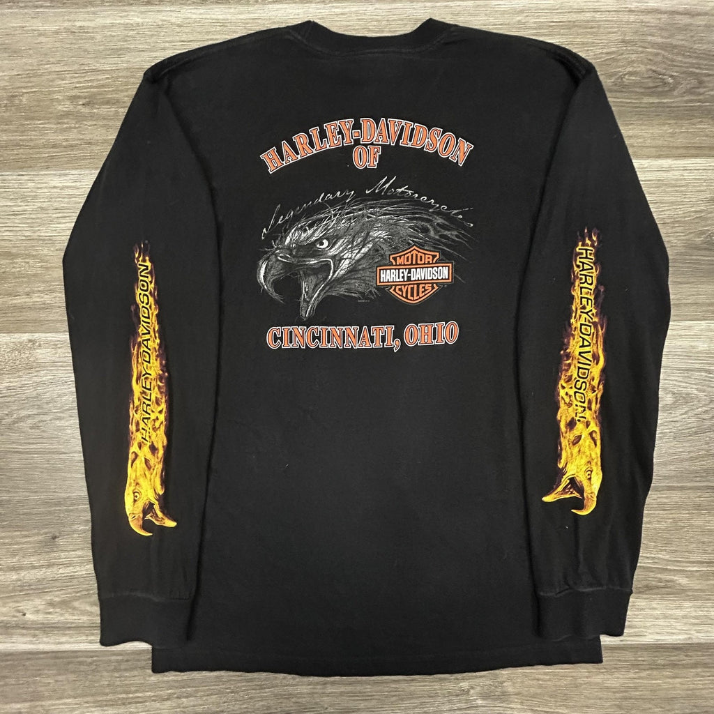 Vintage Harley Davidson Shirt Mens Large Black Long Sleeve Hit Eagle Flames USA