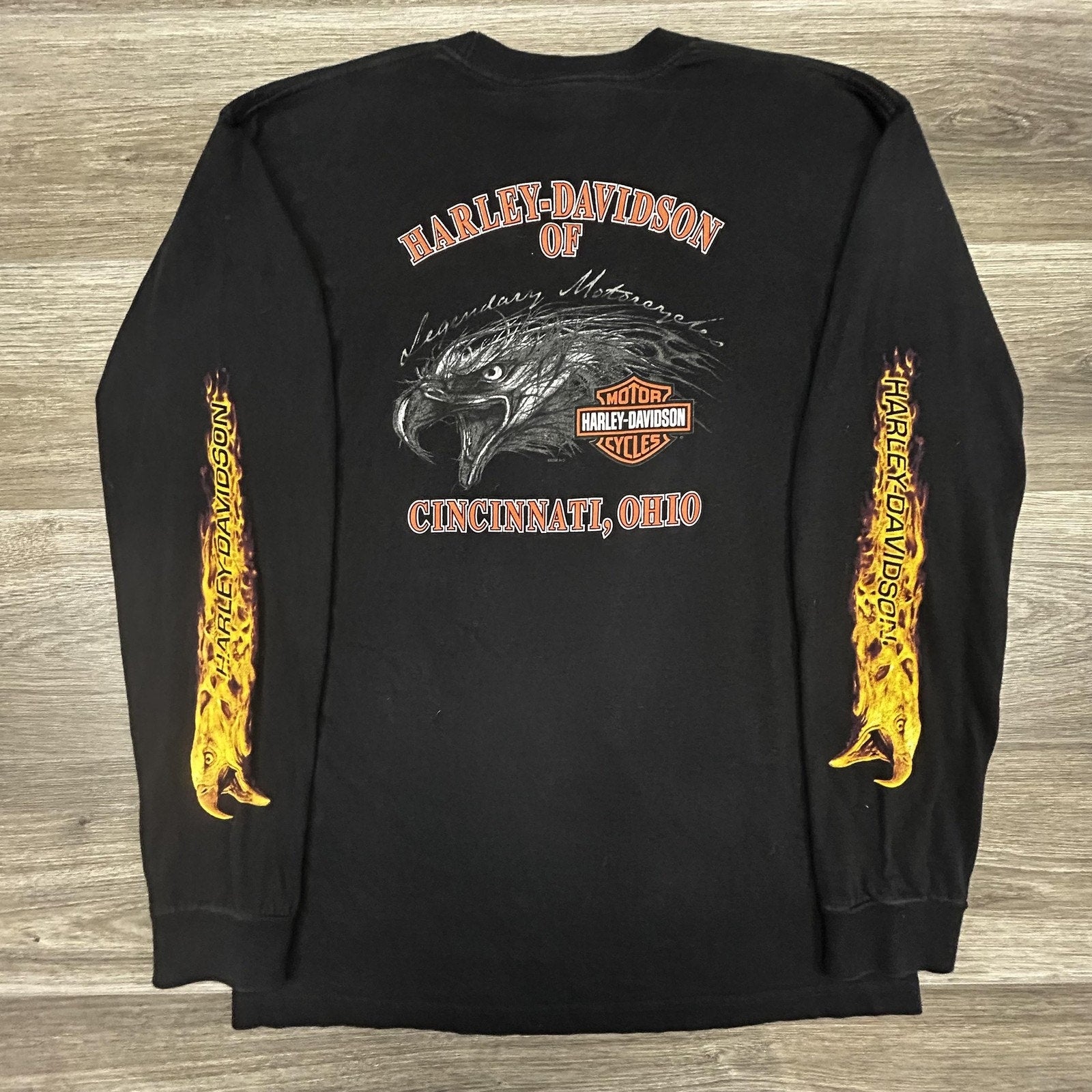 Vintage Harley Davidson Shirt Mens Large Black Long Sleeve Hit Eagle Flames USA
