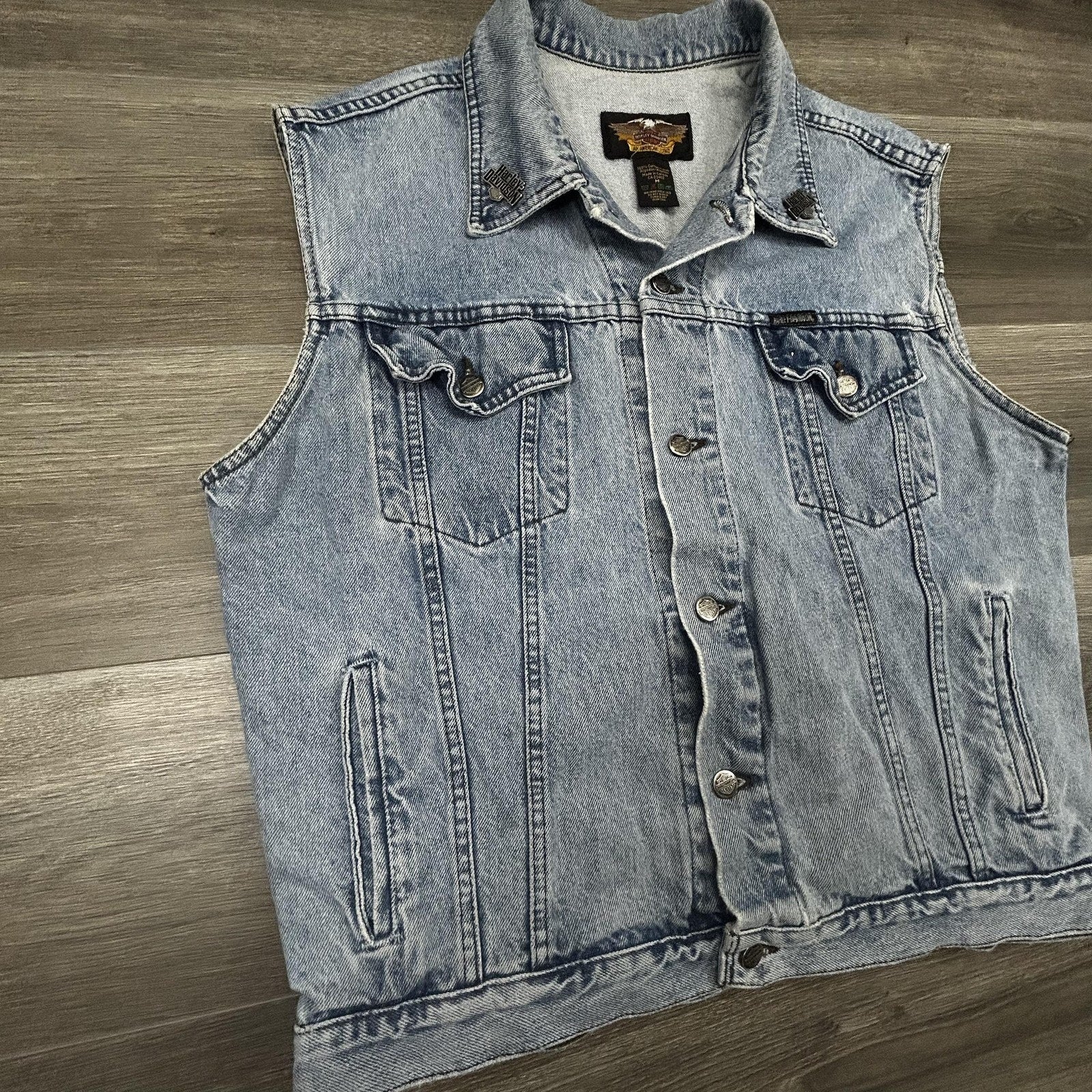 Vintage Harley-Davidson Vest Mens Medium Blue Denim Biker Patches Sturgis Y2K