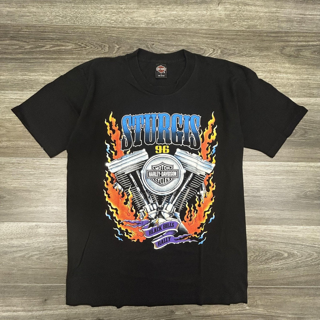 Vintage Harley Davidson Sturgis Shirt Mens Large Black Flames Single Stitch 90s