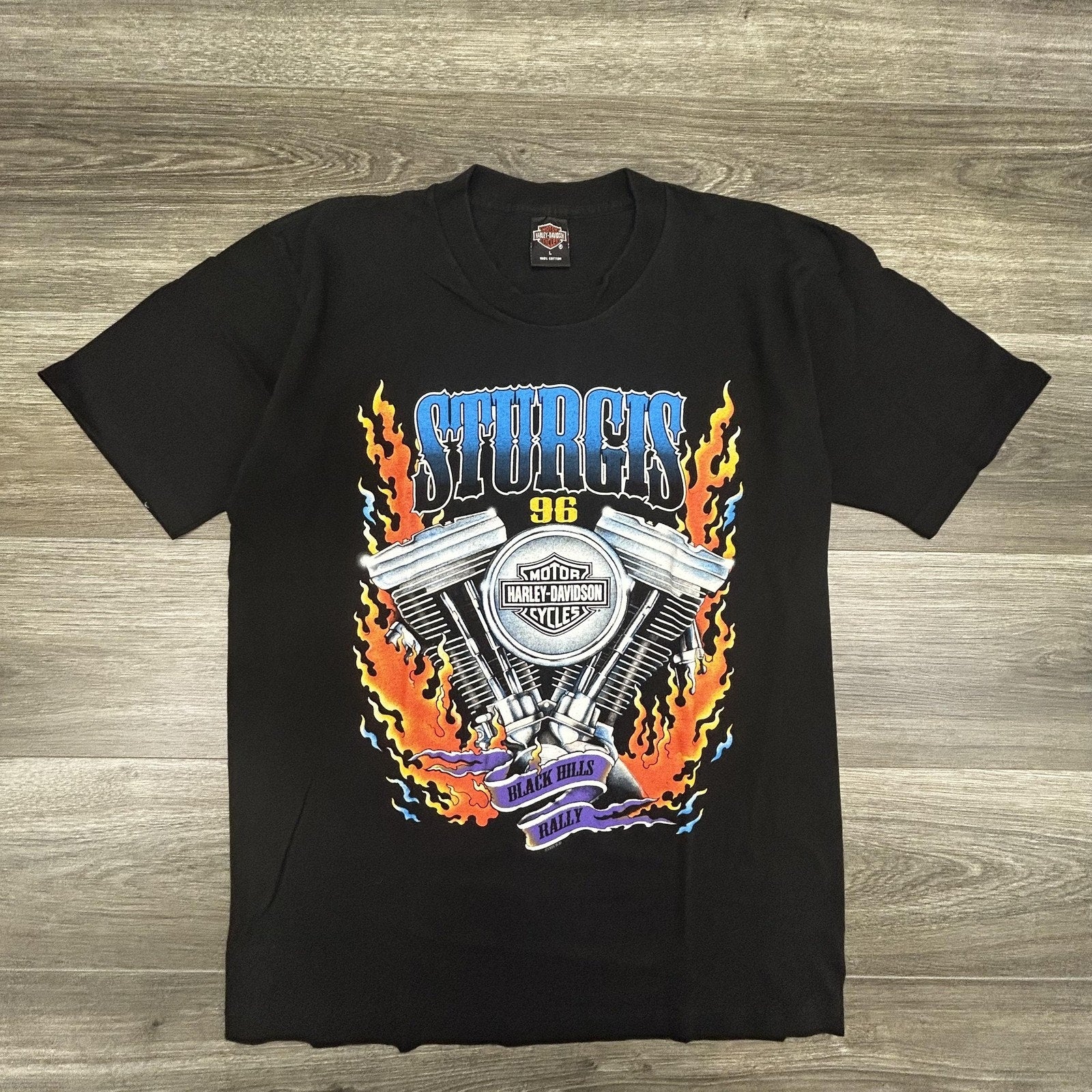 Vintage Harley Davidson Sturgis Shirt Mens Large Black Flames Single Stitch 90s