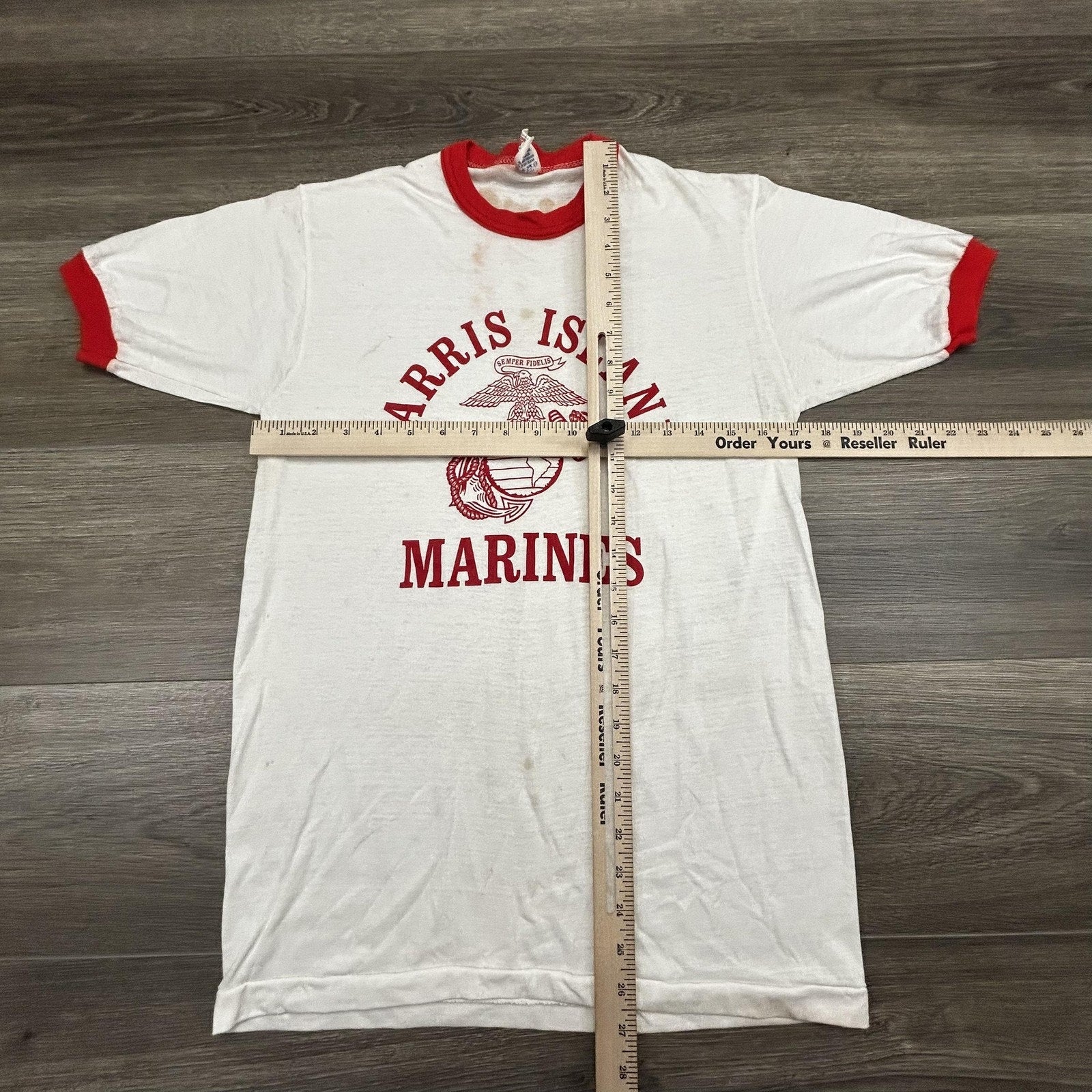 True Vintage 70s USMC Ringer Shirt Mens Medium White Parris Island Marines USA