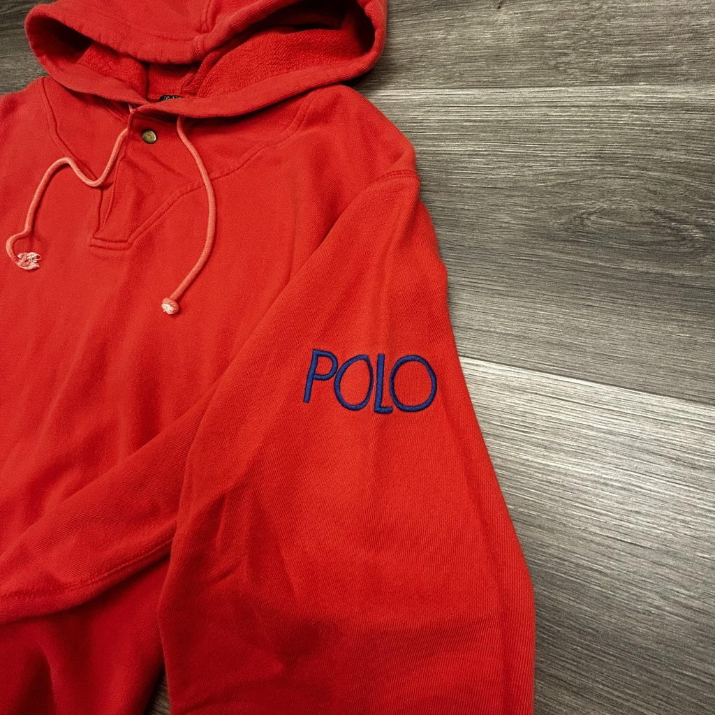 Vintage Polo Ralph Lauren Hoodie Mens M (Yth XL) Orange Henley Logo RARE 80s 90s