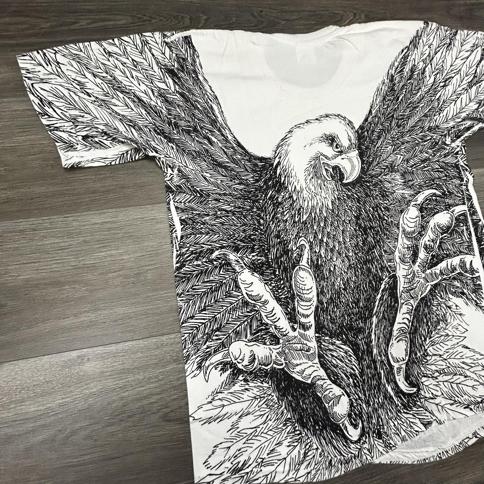 Vintage 90s Bald Eagle Shirt Mens Large White AOP Single Stitch Made USA 1992