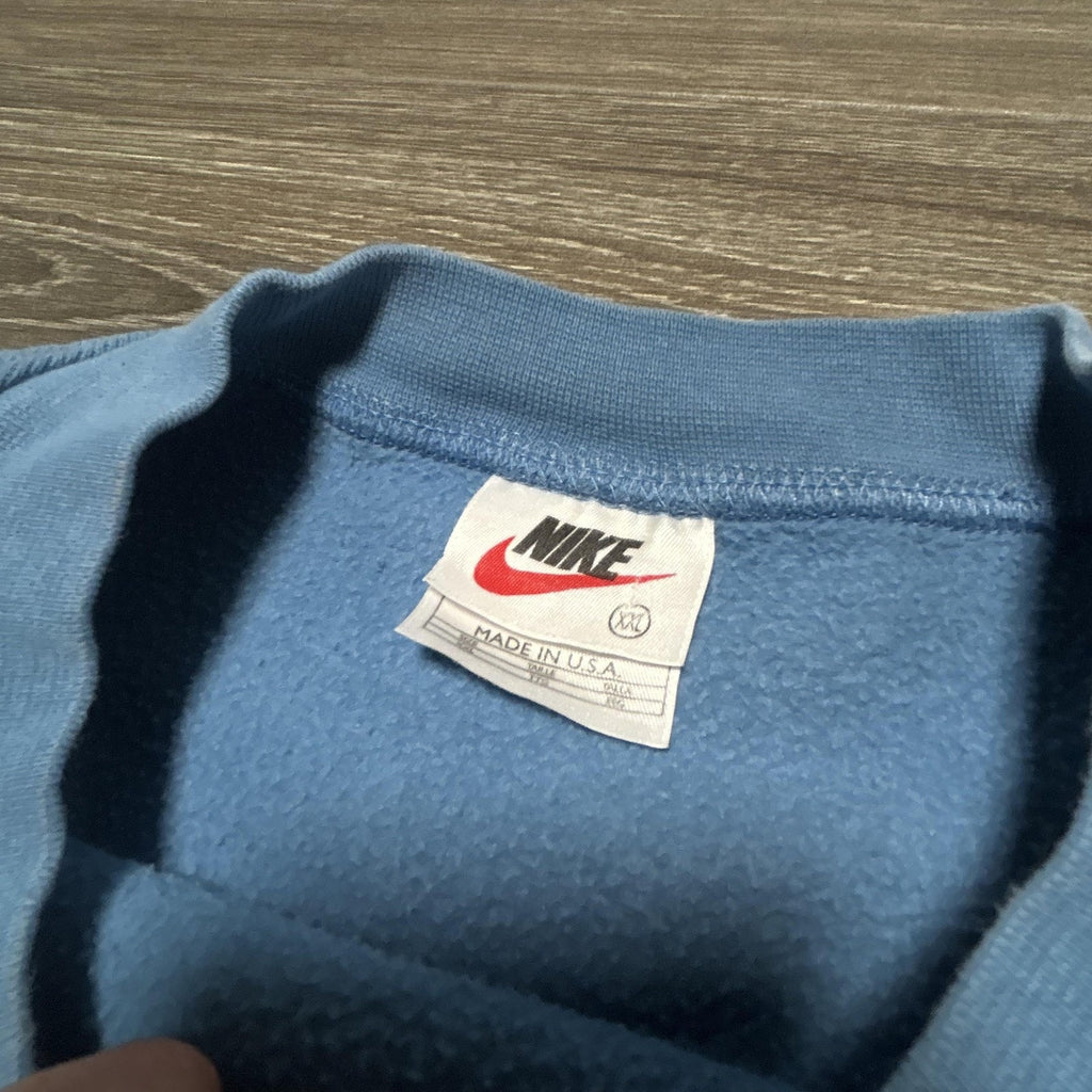 Vintage Nike Sweatshirt Mens 2XL Light Blue Spellout Center Swoosh 90s Made USA