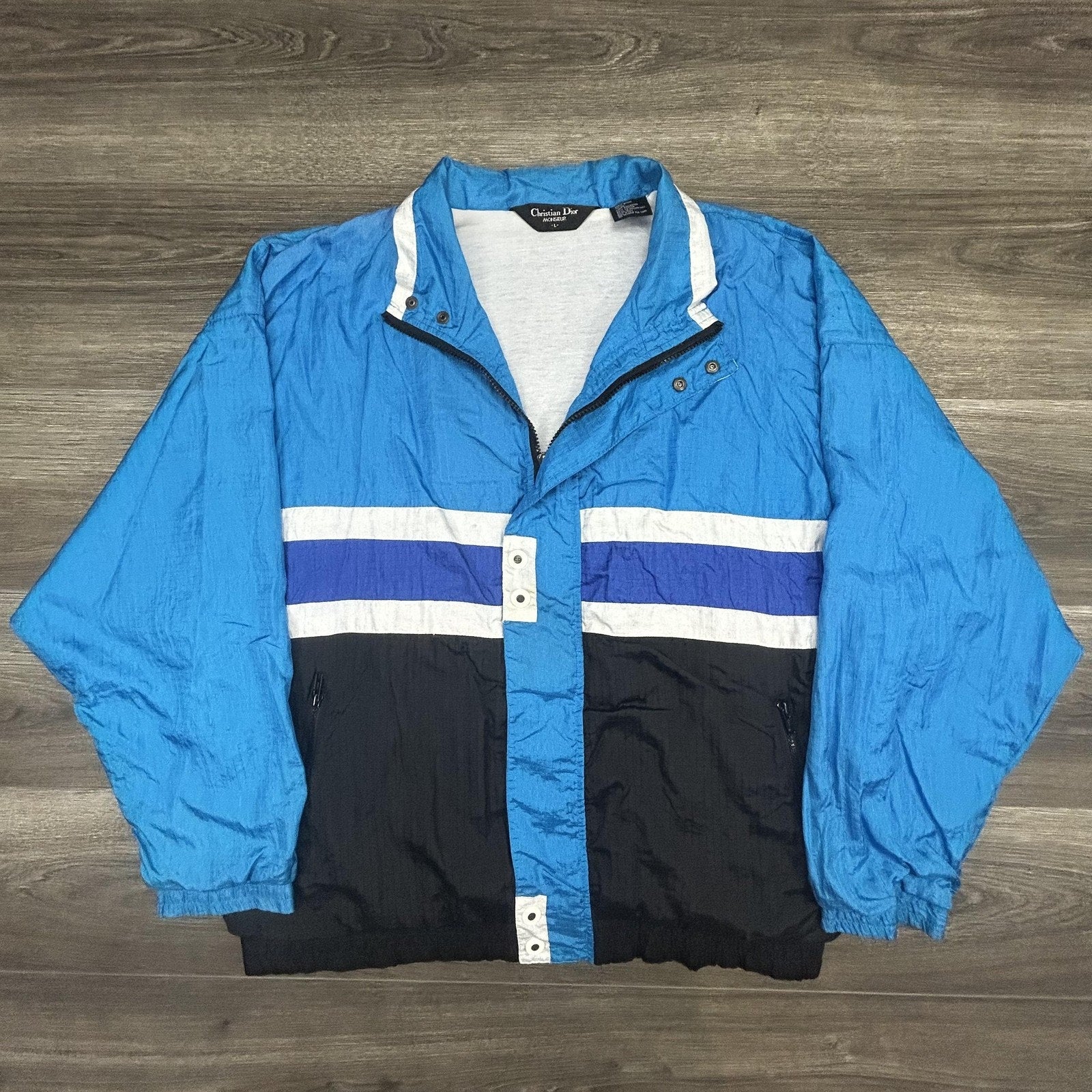 Vintage Christian Dior Windbreaker Jacket Mens Large Blue Navy Striped Nylon 80s