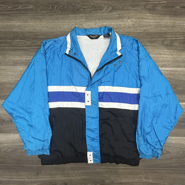 Vintage Christian Dior Windbreaker Jacket Mens Large Blue Navy Striped Nylon 80s