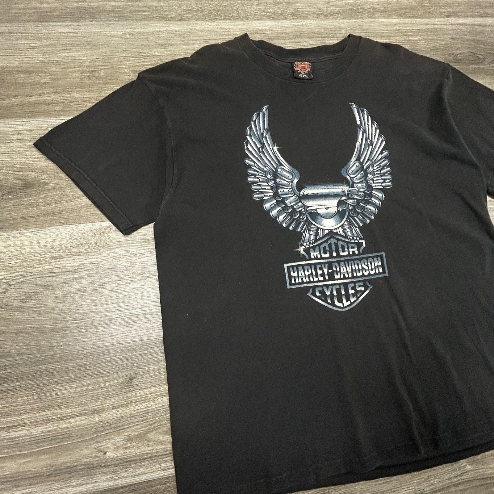 Vintage Harley Davidson Shirt Mens XL Black Winged Engine Chrome Biker 90s USA