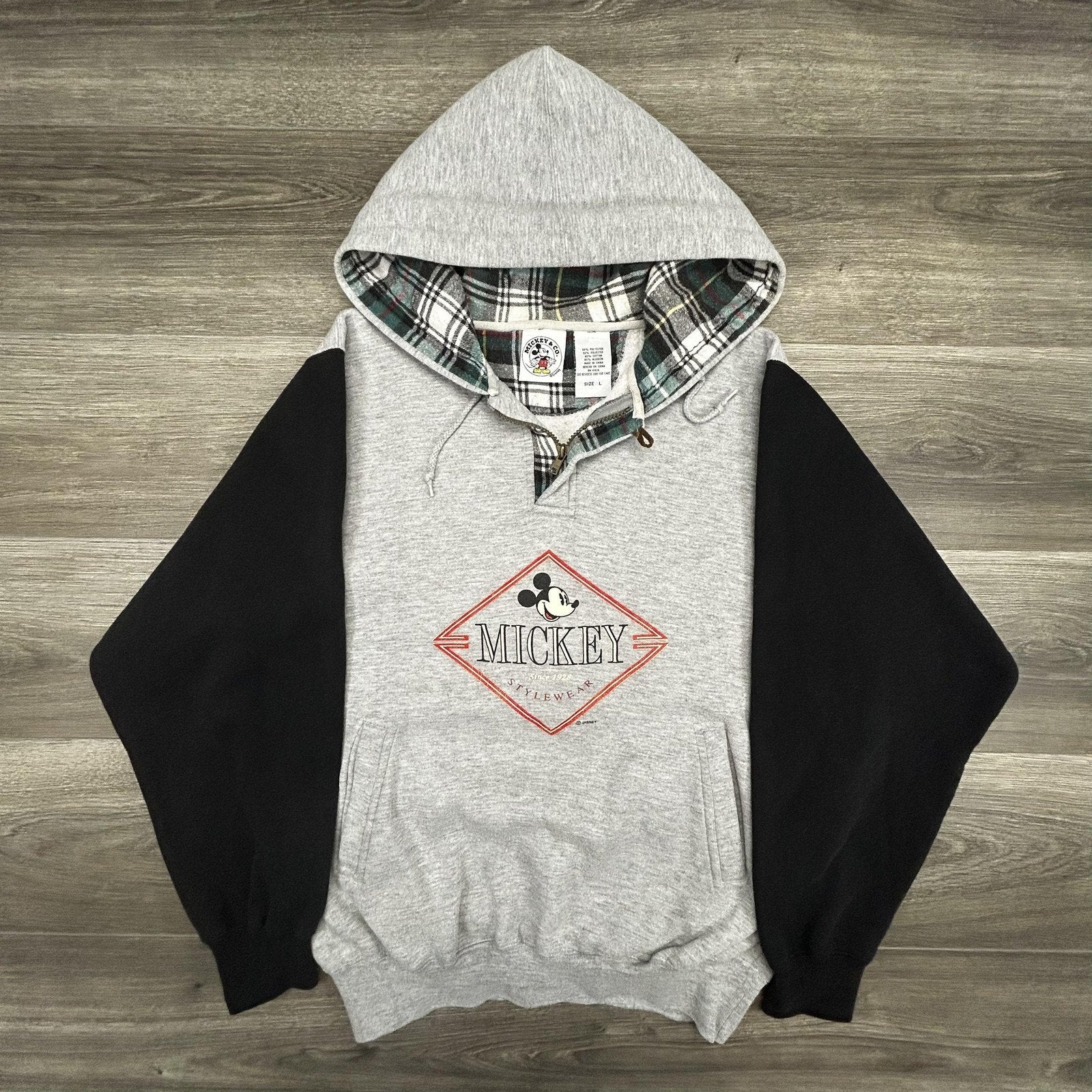 Vintage Disney Mickey Mouse Hoodie Mens Large Gray 1/4 Zip Plaid Colorblock 90s