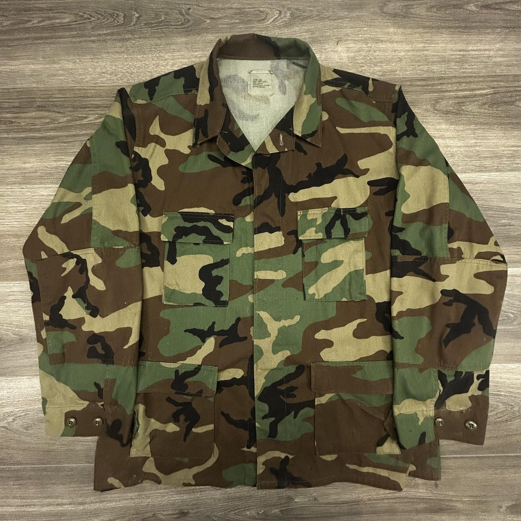 Vintage Army BDU Combat Coat Mens XLT Green Woodland Camo Military Jacket 90s