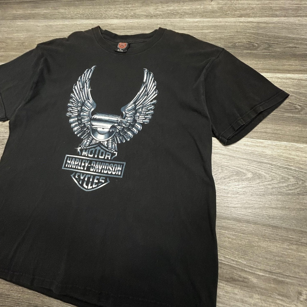 Vintage Harley Davidson Shirt Mens XL Black Winged Engine Chrome Biker 90s USA
