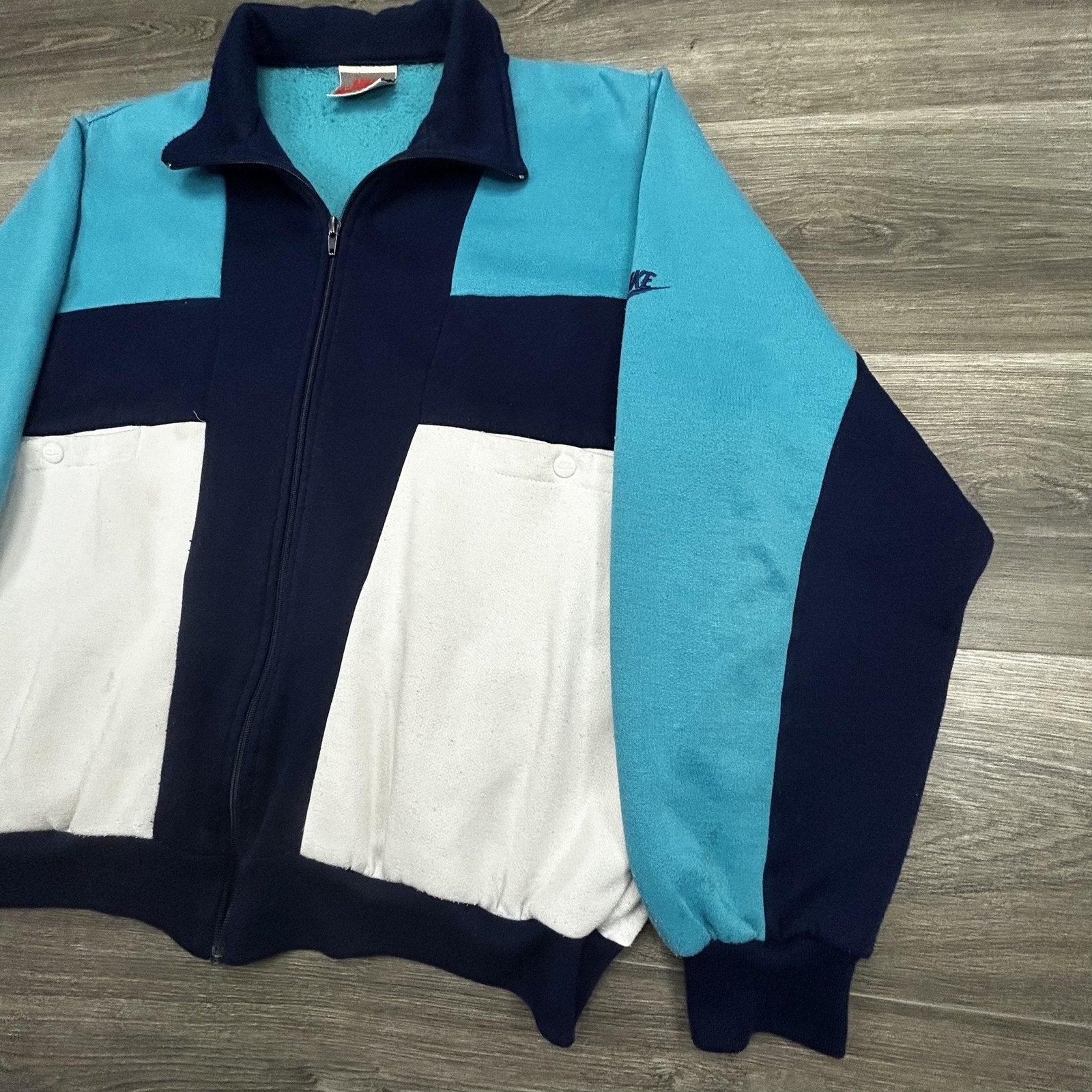 Vintage 80s Nike Track Jacket Mens Large Blue Teal White Colorblock Full Zip USA