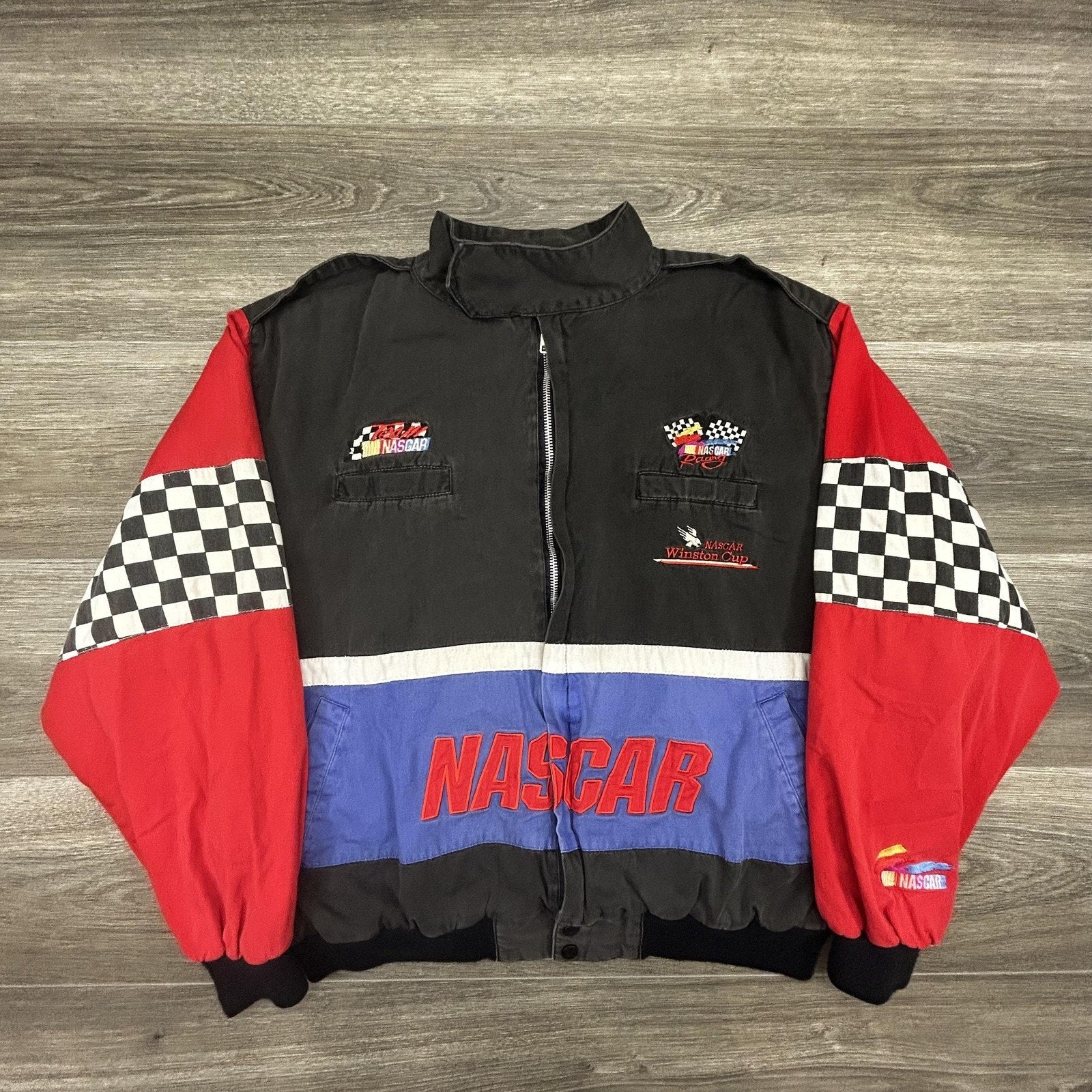 Vintage NASCAR Jacket Mens Large Multi Color Checkered Winston Cup Racing 90s
