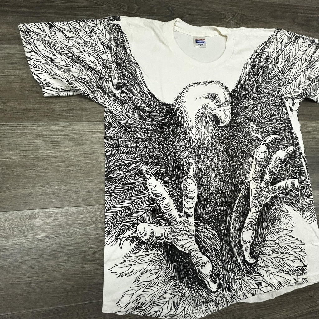 Vintage 90s Bald Eagle Shirt Mens Large White AOP Single Stitch Made USA 1992