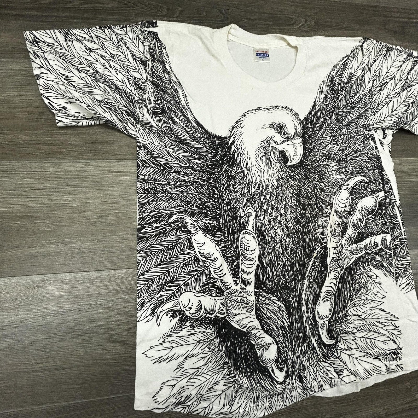 Vintage 90s Bald Eagle Shirt Mens Large White AOP Single Stitch Made USA 1992