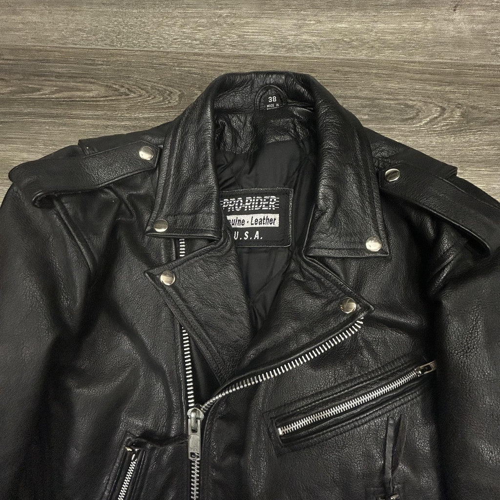 Vintage Pro-Rider Leather Motorcycle Jacket Mens 38 Black Belted Biker Punk 90s