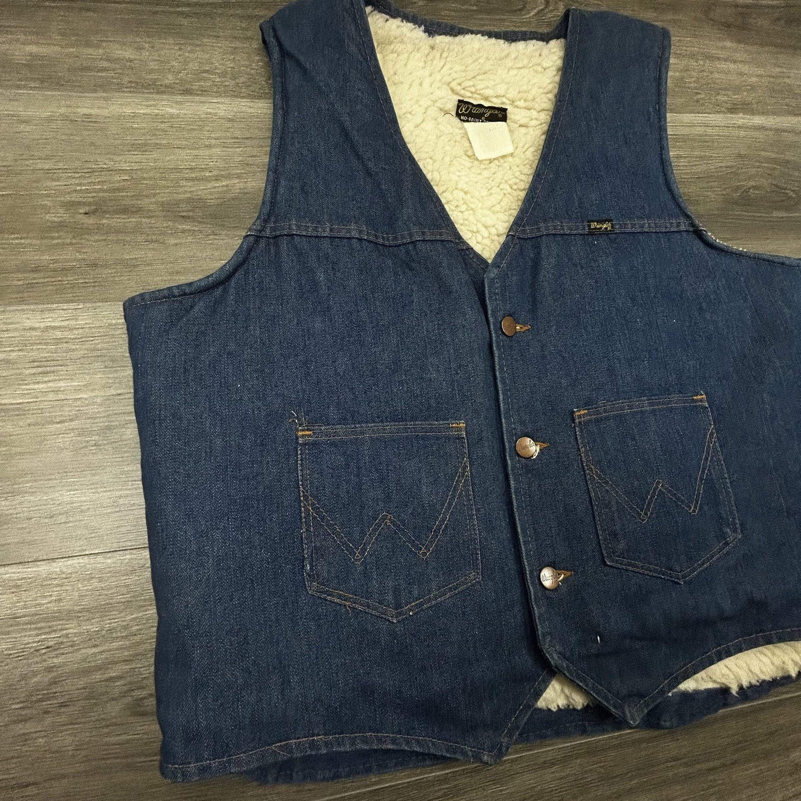 Vintage 80s Wrangler Denim Vest Mens XL Blue Sherpa Western Cowboy Workwear USA