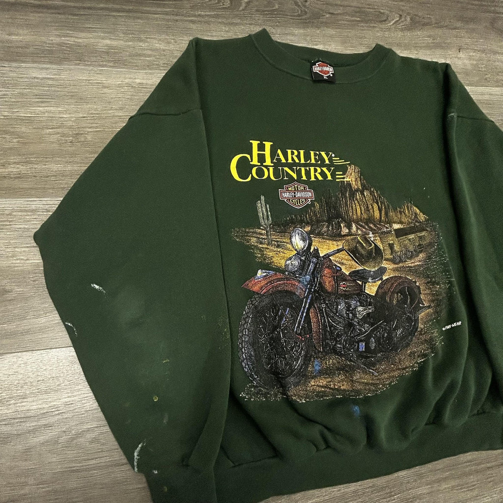 Vintage Harley-Davidson Sweatshirt Mens XL Green Motorcycle Country 90s Made USA