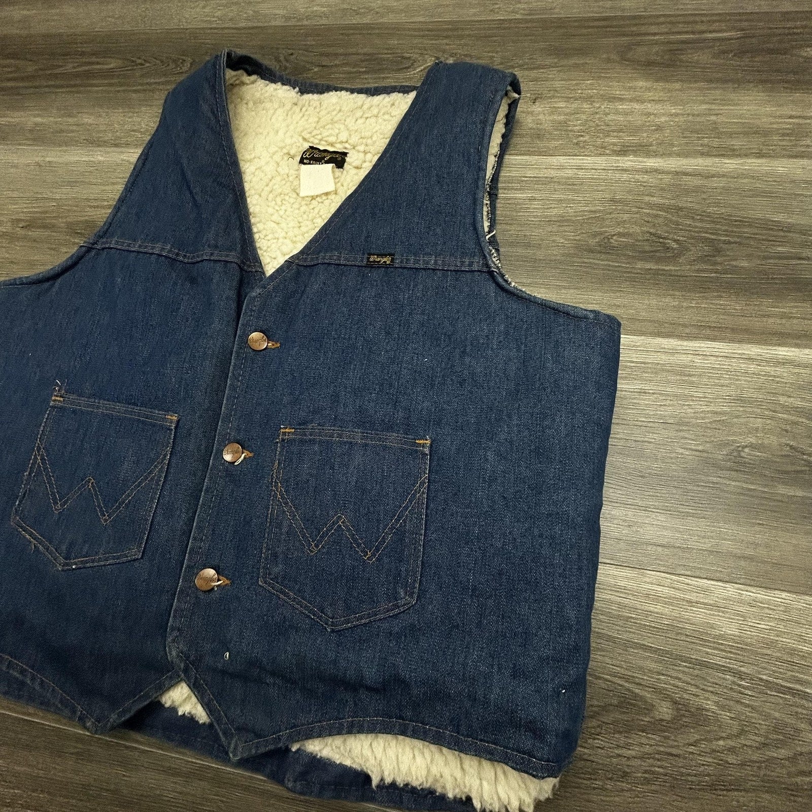Vintage 80s Wrangler Denim Vest Mens XL Blue Sherpa Western Cowboy Workwear USA