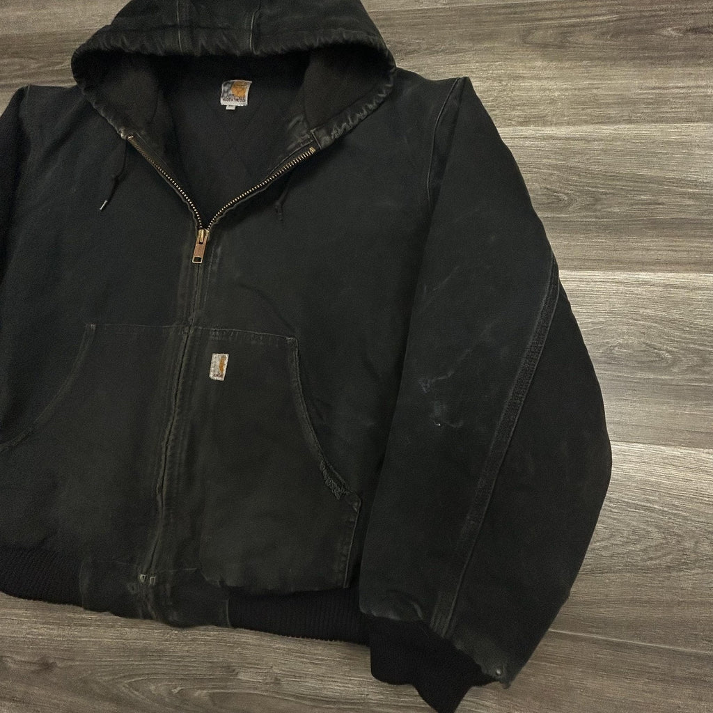 Vintage Carhartt Jacket Mens 2XL Black Hooded Canvas Bomber USA Workwear 90s