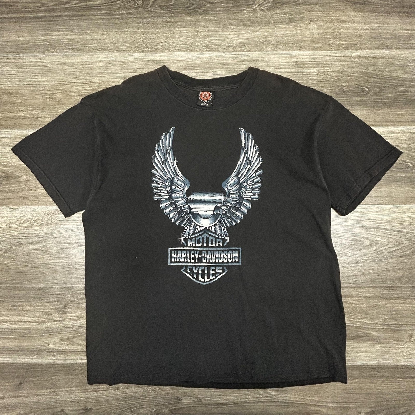 Vintage Harley Davidson Shirt Mens XL Black Winged Engine Chrome Biker 90s USA