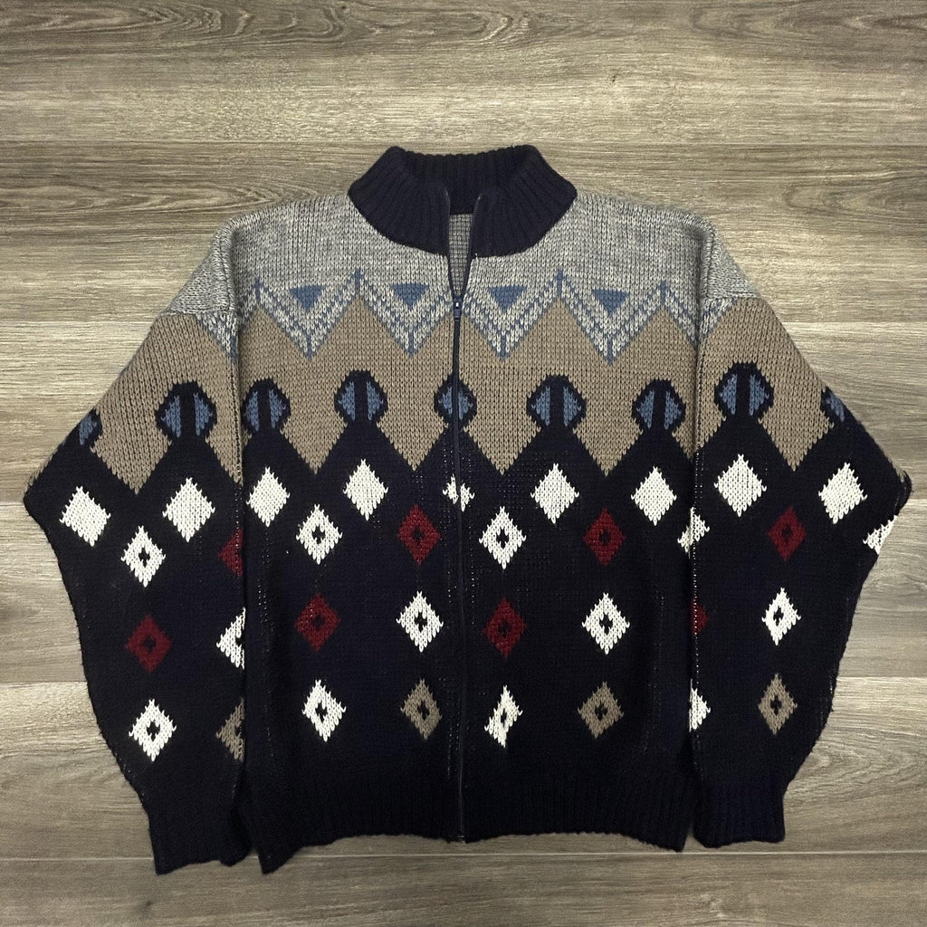 Vintage Sheep's Wool Sweater Mens Extra Large Navy Full Zip Made in Italy 90s