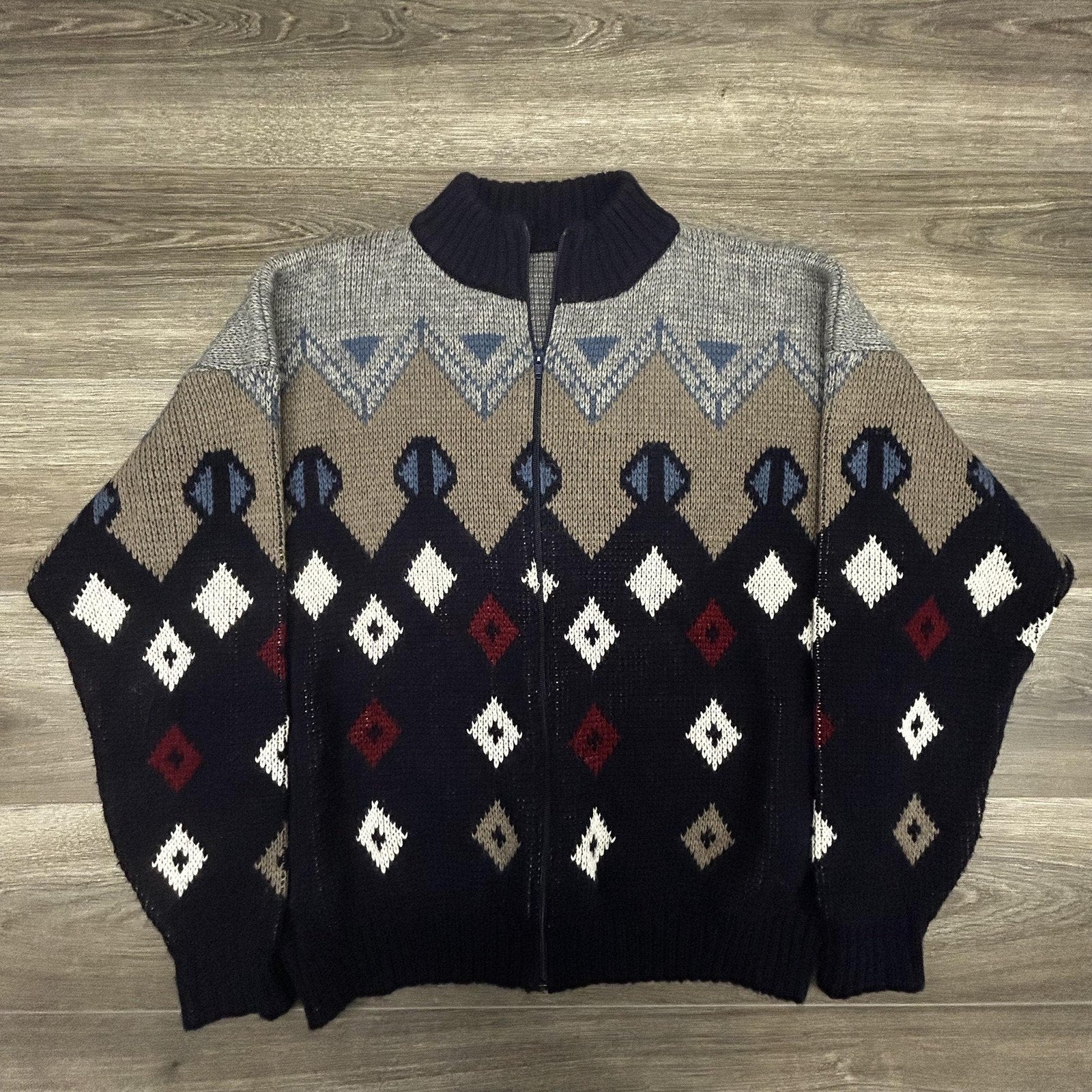 Vintage Sheep's Wool Sweater Mens Extra Large Navy Full Zip Made in Italy 90s