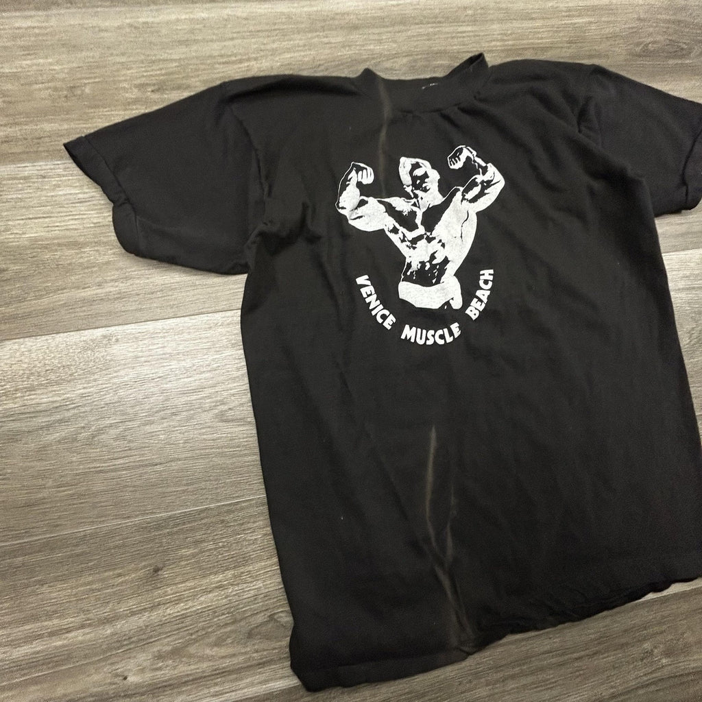 Vintage Venice Muscle Beach Shirt Mens Small (Tag XL) Black Bodybuilding 80s USA