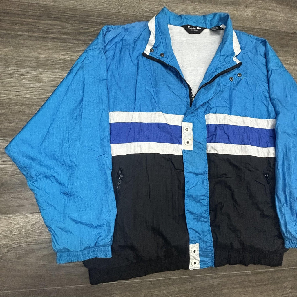 Vintage Christian Dior Windbreaker Jacket Mens Large Blue Navy Striped Nylon 80s