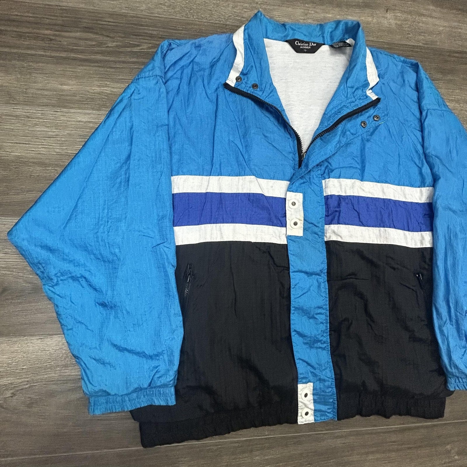 Vintage Christian Dior Windbreaker Jacket Mens Large Blue Navy Striped Nylon 80s
