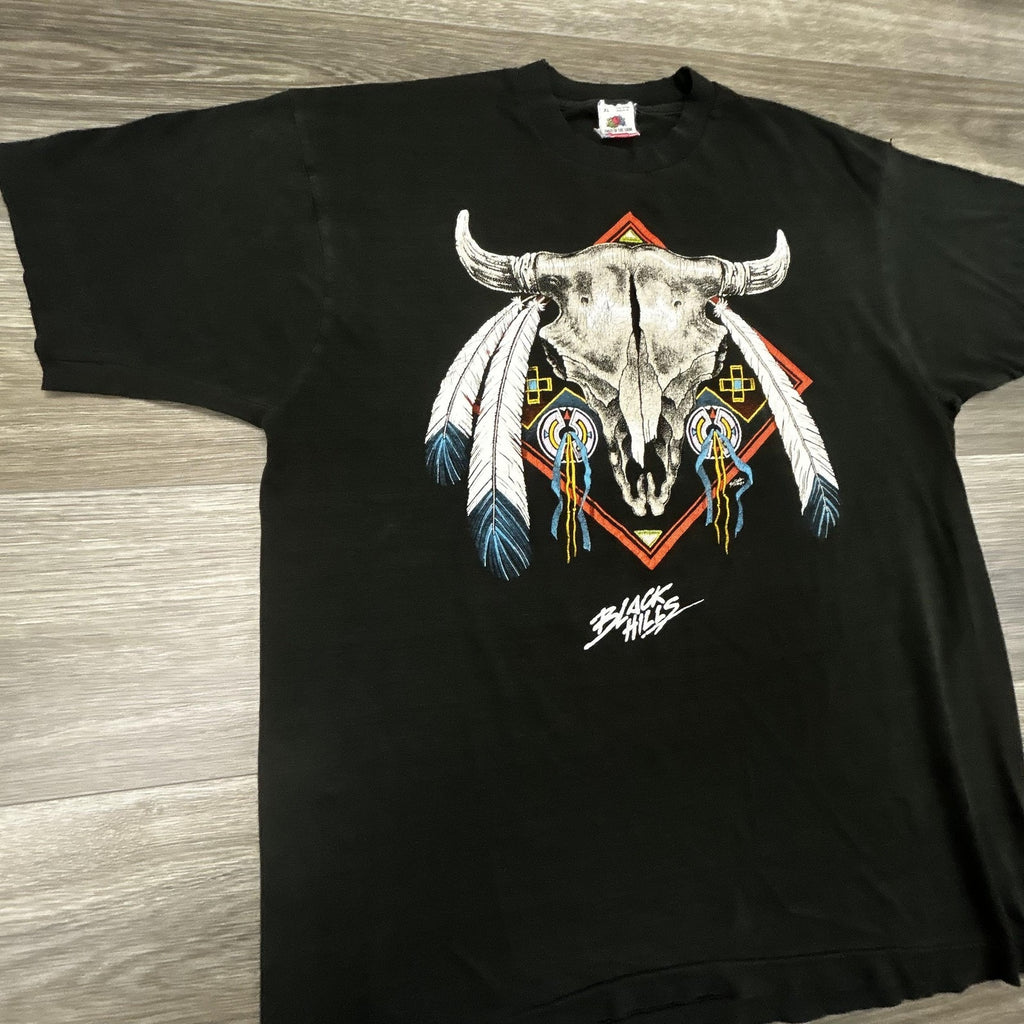 Vintage Black Hills Biker Shirt Mens XL Black Skull Single Stitch Harley 90s USA