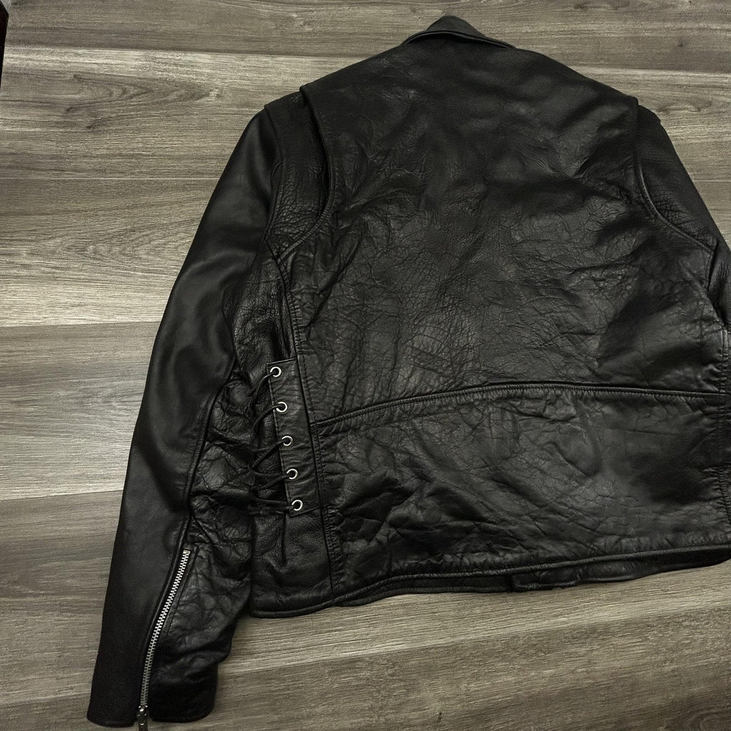Vintage Hot Leathers Jacket Mens 50 Black Motorcycle Biker Belted Side Lace Zip 90s