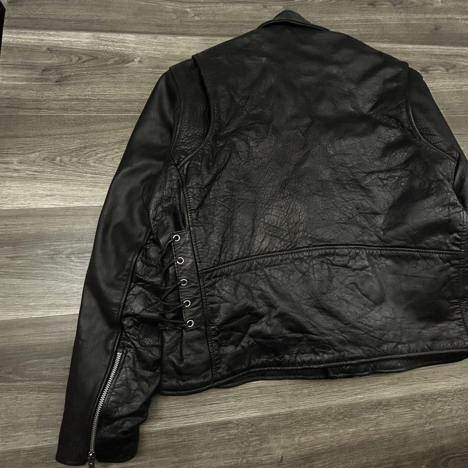 Vintage Hot Leathers Jacket Mens 50 Black Motorcycle Biker Belted Side Lace Zip 90s