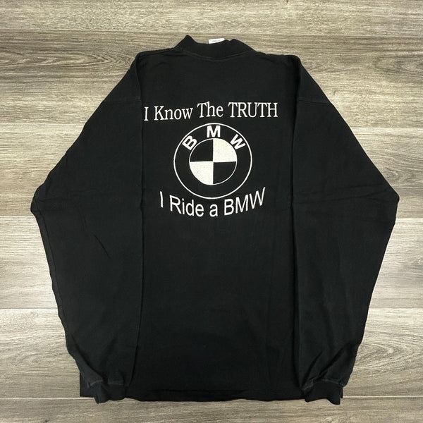 Vintage BMW Motorcycle Henley Shirt Mens Large Black Beemer Racing EUC