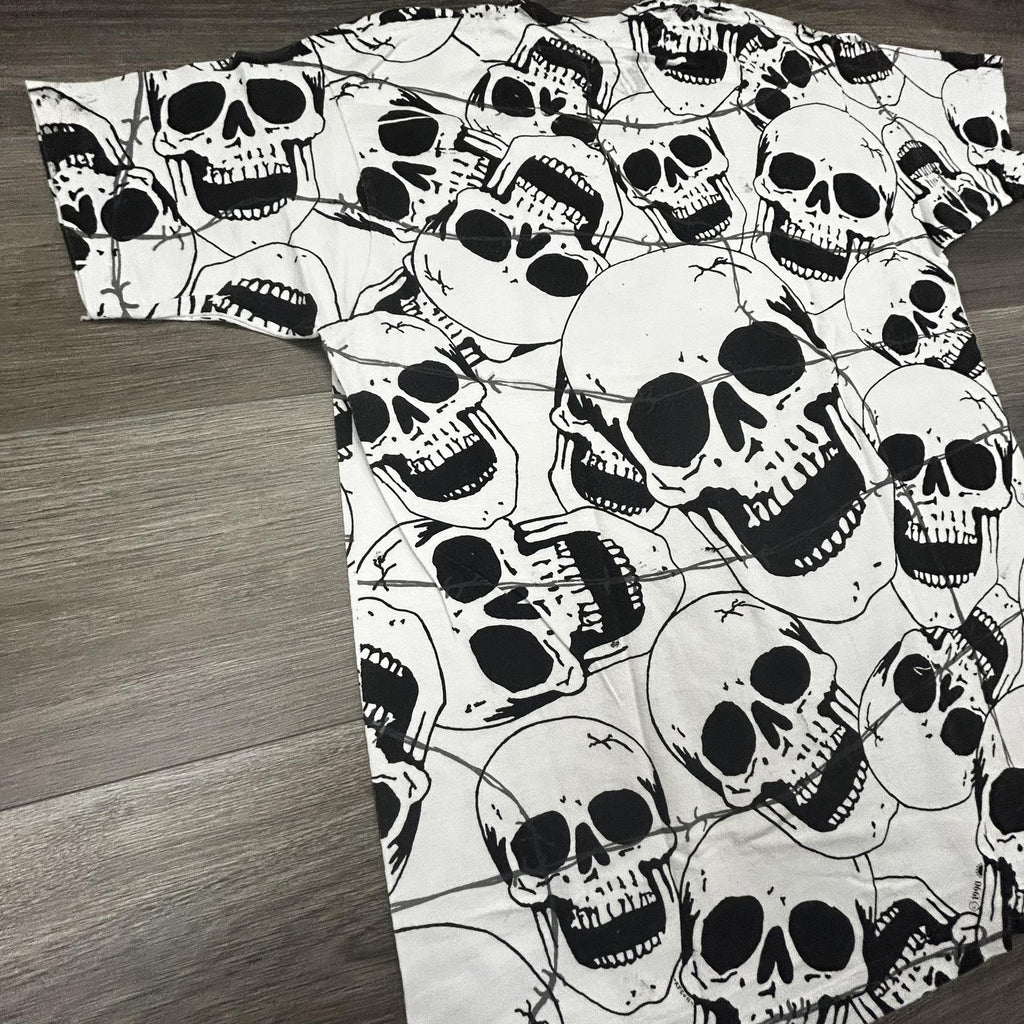 Vintage Skull AOP Shirt Mens Large White Solar-T Biker Punk Single Stitch 90s