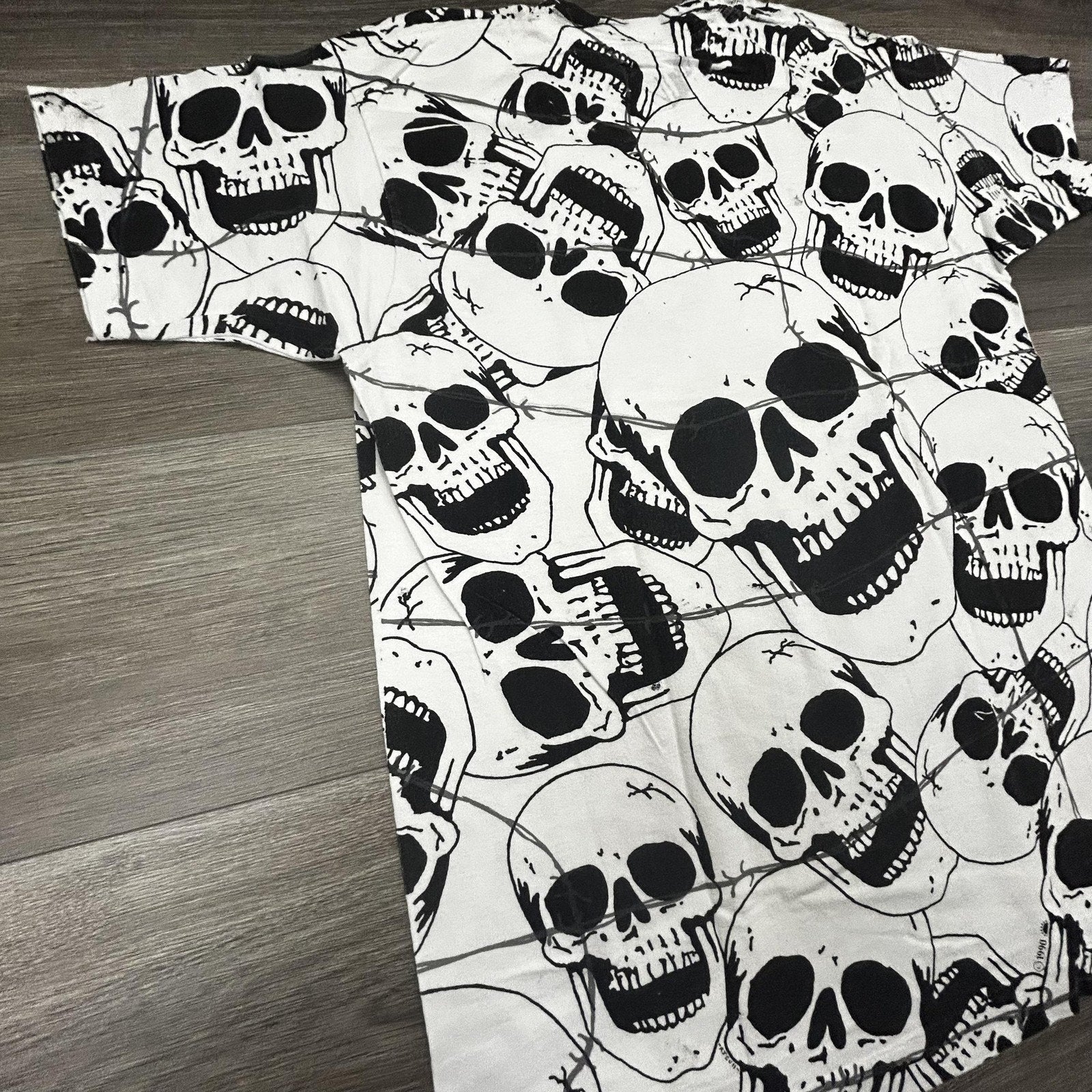 Vintage Skull AOP Shirt Mens Large White Solar-T Biker Punk Single Stitch 90s
