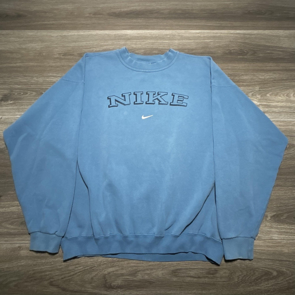 Vintage Nike Sweatshirt Mens 2XL Light Blue Spellout Center Swoosh 90s Made USA