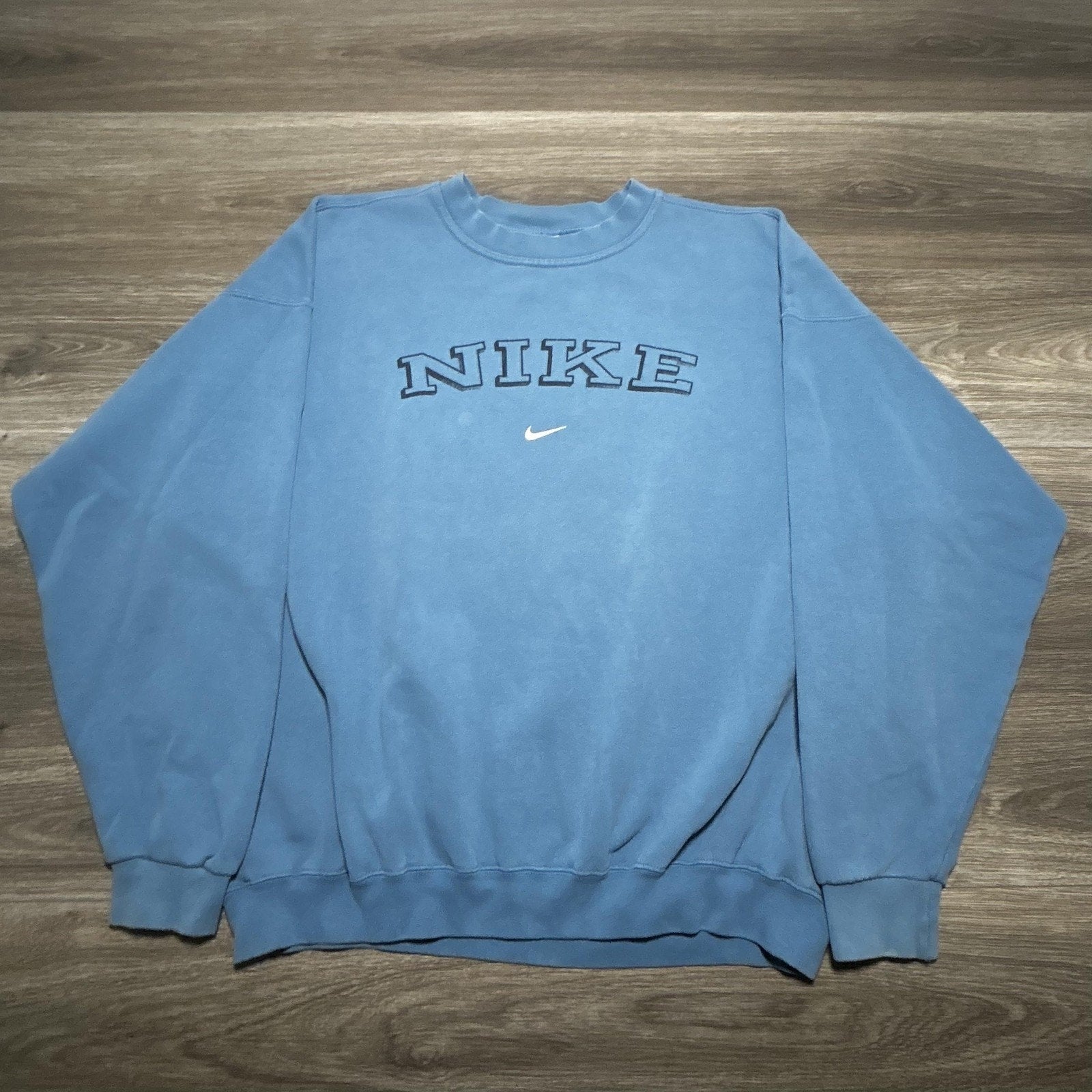 Vintage Nike Sweatshirt Mens 2XL Light Blue Spellout Center Swoosh 90s Made USA