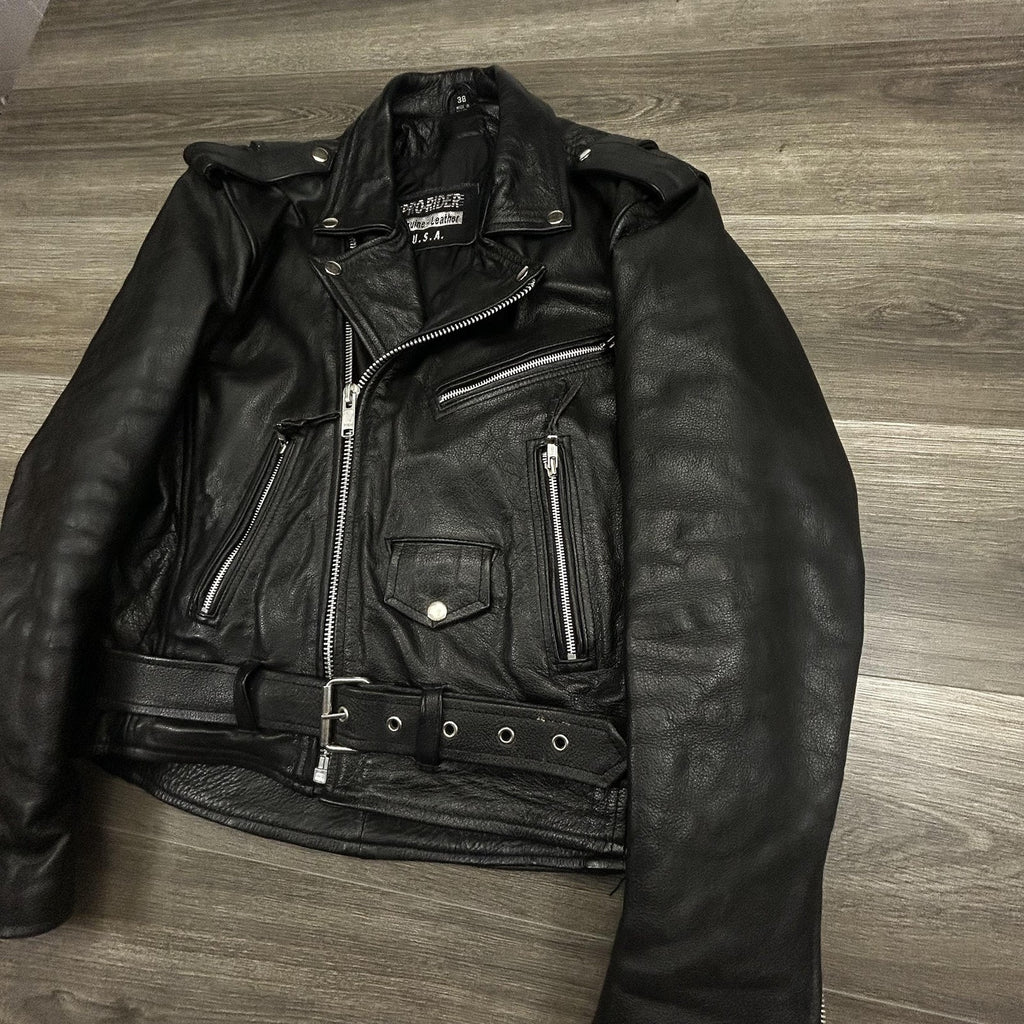 Vintage Pro-Rider Leather Motorcycle Jacket Mens 38 Black Belted Biker Punk 90s